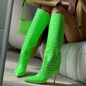 Neon Green Faux Crocodile Stiletto Knee High Boots Size EU 40 US 9 Wicked New